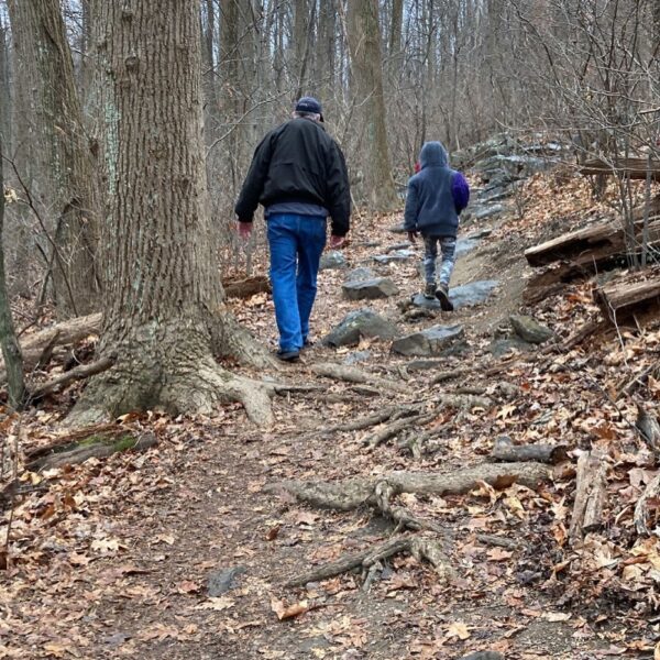 Father and child walking up a wooded path
