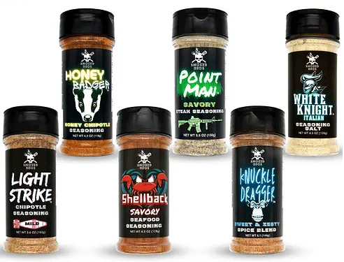 Six different seasonings and spice blends sold by Smoked Bros